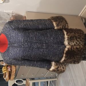 French Connection Corvette Brown Faux Fur Leopard Trimmed Coat